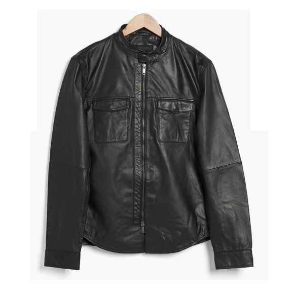 John Varvatos Men's Steve Leather Shirt Jacket Racer Collar Snap/Zip Front Black - Picture 5 of 6